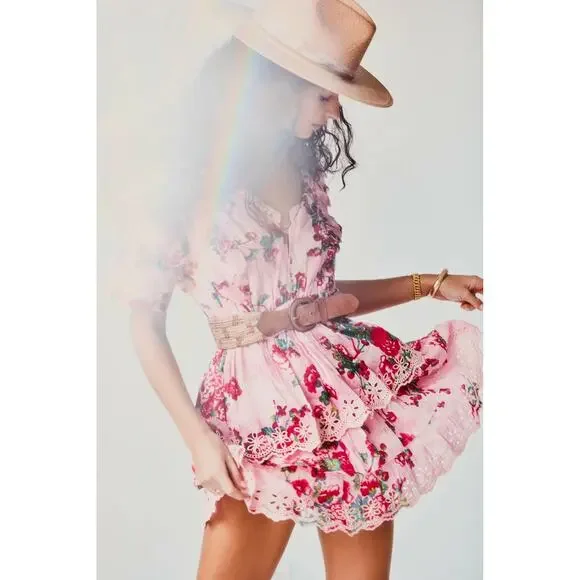 LoveShackFancy Aldina Mini Dress Pink Desert Floral Tiered Crochet SZ XS NWT - Picture 2 of 8